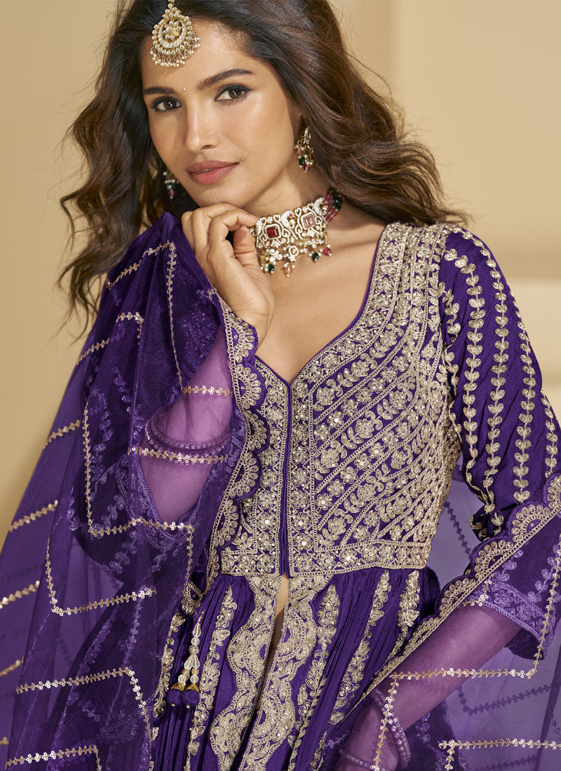 Violet and Gold Chinon Silk Embroidered Lehenga Style Suit