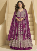 Wine colored Chinon Silk lehenga style suit with detailed embroidery