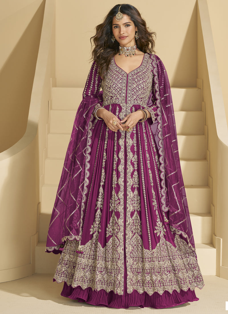 Wine colored Chinon Silk lehenga style suit with detailed embroidery
