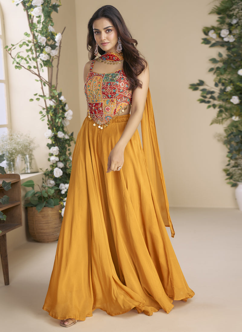 Mustard Chinon Silk Embroidered Western Palazzo Suit Set