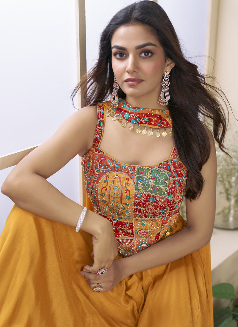 Mustard Chinon Silk Embroidered Western Palazzo Suit Set