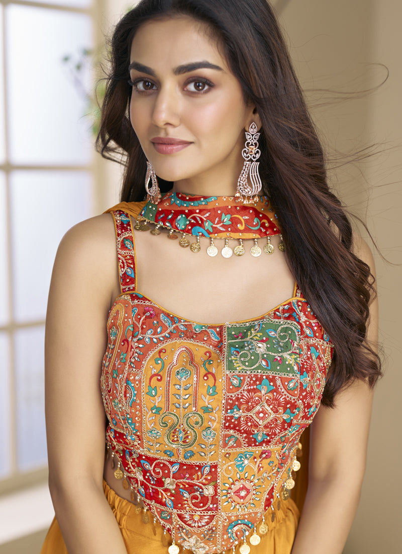 Mustard Chinon Silk Embroidered Western Palazzo Suit Set