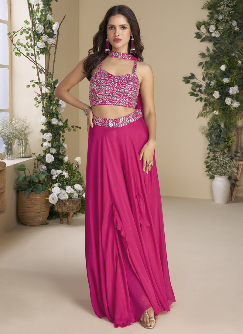 Elegant Rani Pink Chinon Silk palazzo suit with heavy embroidery and gota patti detailing