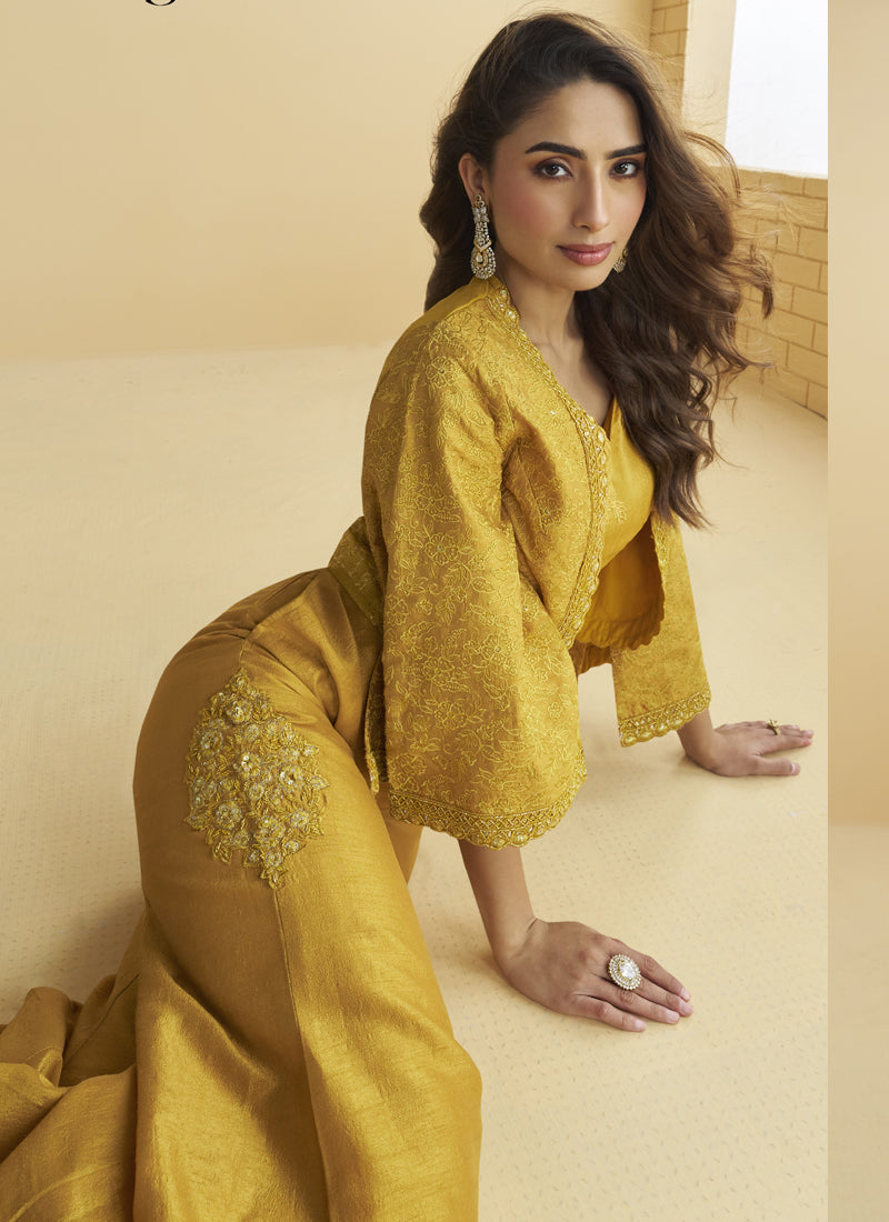 Vegaa Fashion Yellow Silk Embroidered Designer Palazzo With Jacket