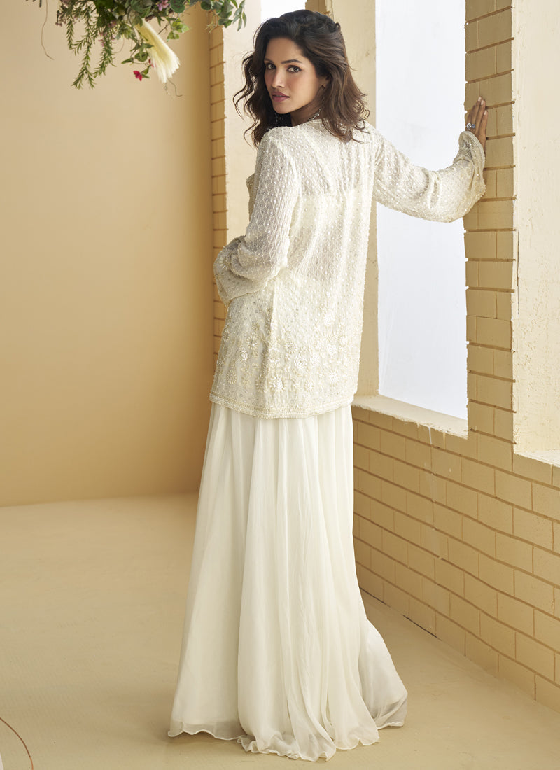 White Georgette Embroidered Designer Palazzo Suit with Jacket