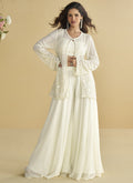 White georgette designer palazzo set with intricate embroidery and matching jacket for festive wear