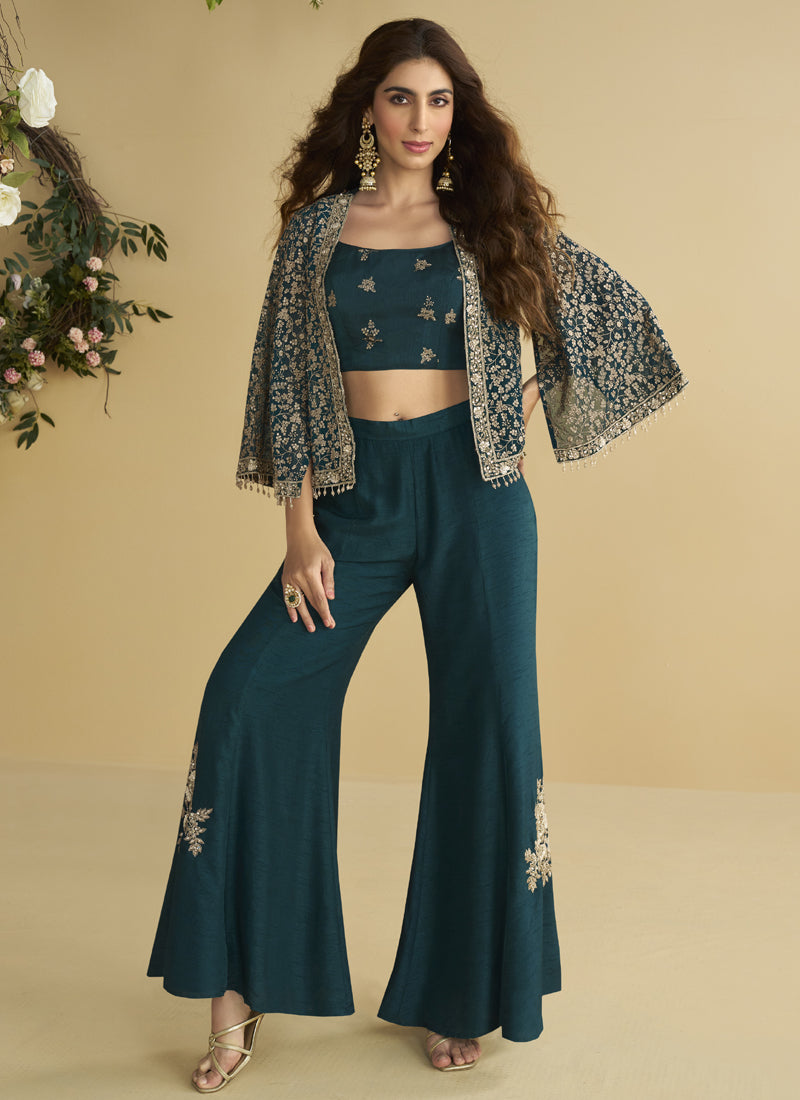 Vegaa Fashion Aqua Blue Georgette Embroidered Designer Palazzo With Jacket