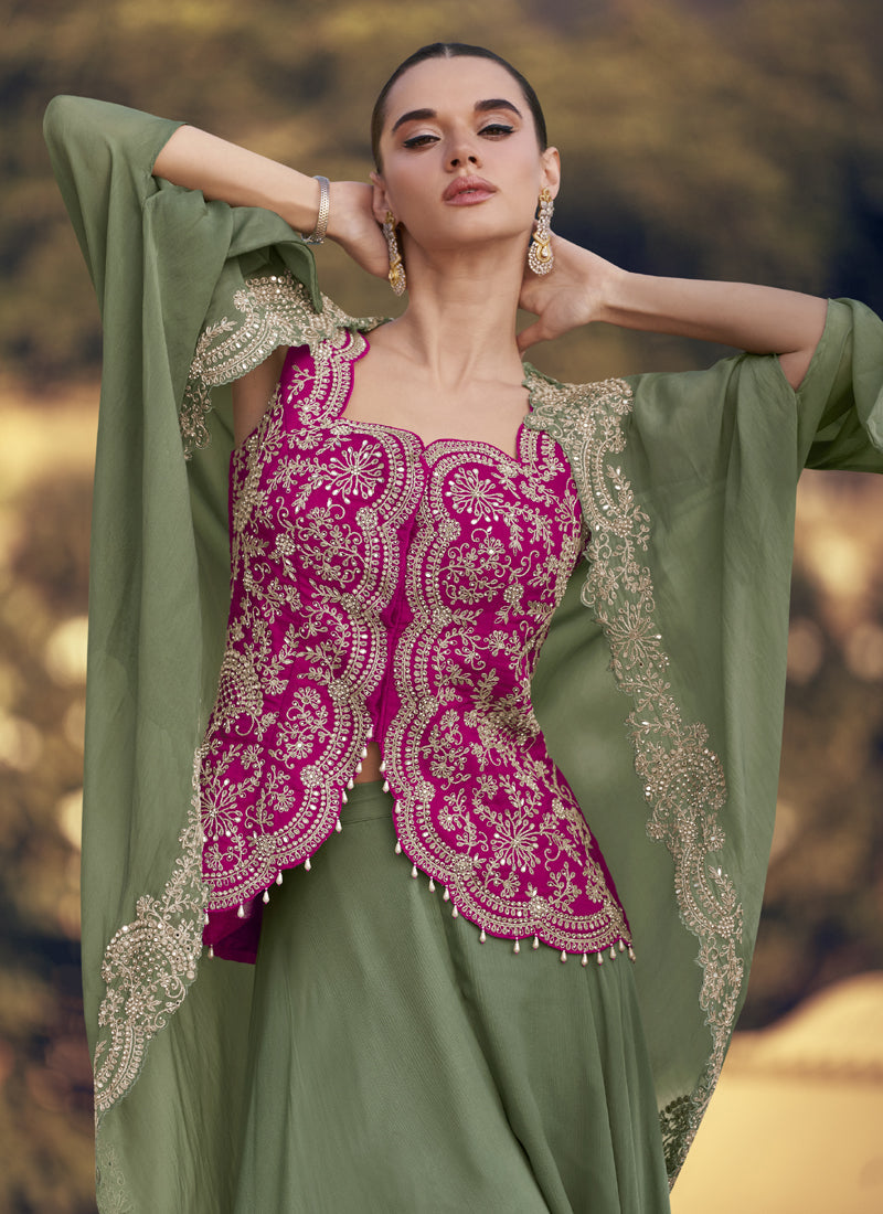 Mehendi Green & Magenta Pink Chinon Silk Embroidered Palazzo Suit