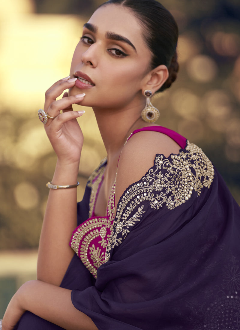 Vegaa Fashion Purple Chinon Silk Embroidered Western Palazzo Suit