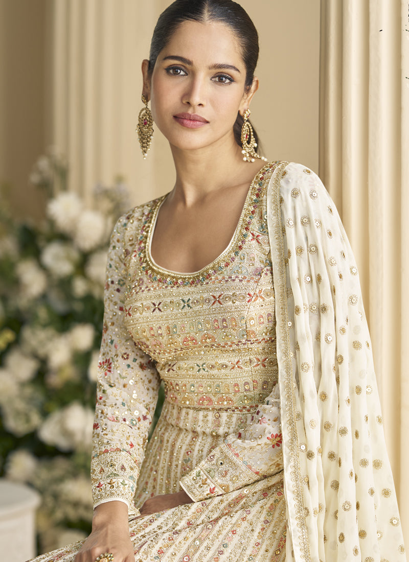 Off White Georgette Anarkali Suit with Zarkan Embroidery