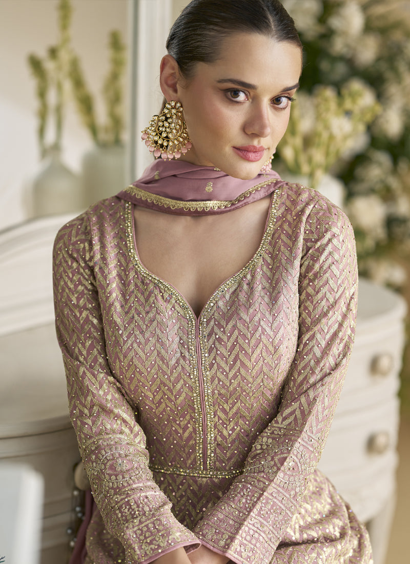 Onion Pink Georgette Embroidered Anarkali Suit