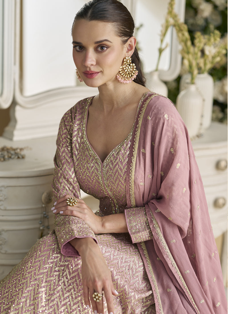 Onion Pink Georgette Embroidered Anarkali Suit
