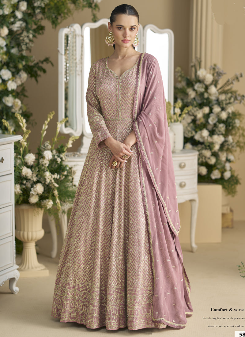 Onion Pink Georgette Anarkali Suit with Zarkan and gota patti embroidery
