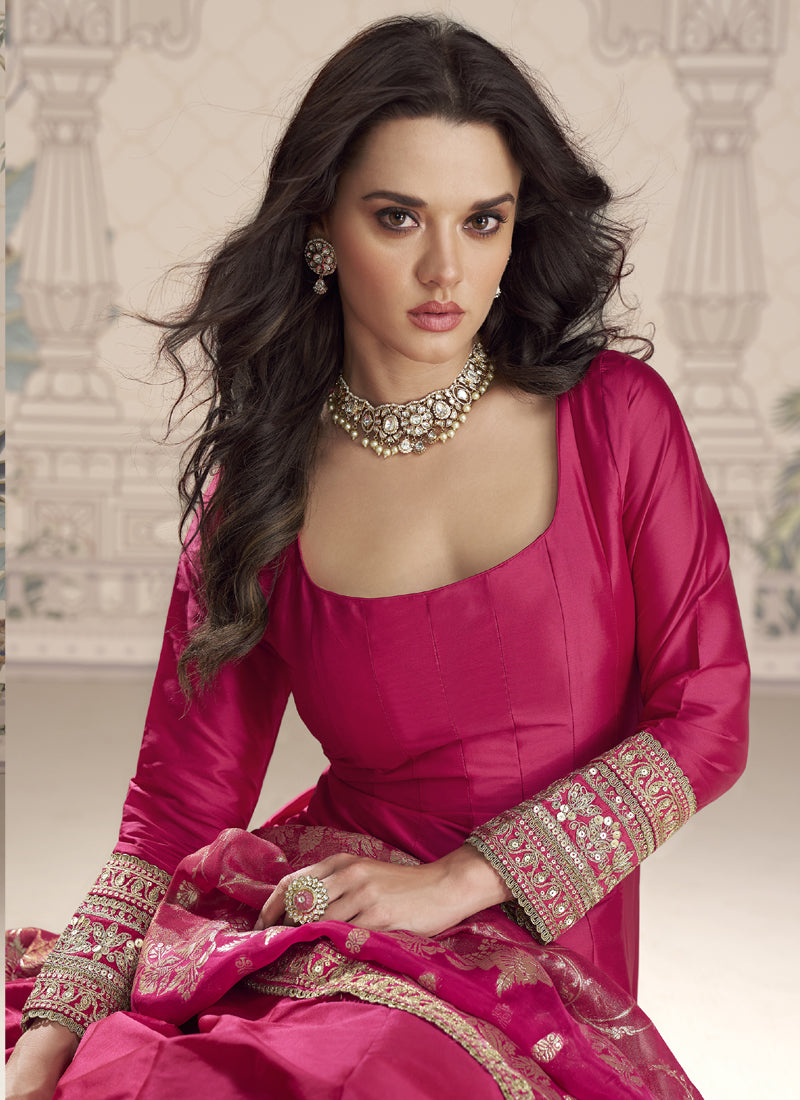 Rani Pink Viscose Jacquard Silk Embroidered Gown with Dupatta