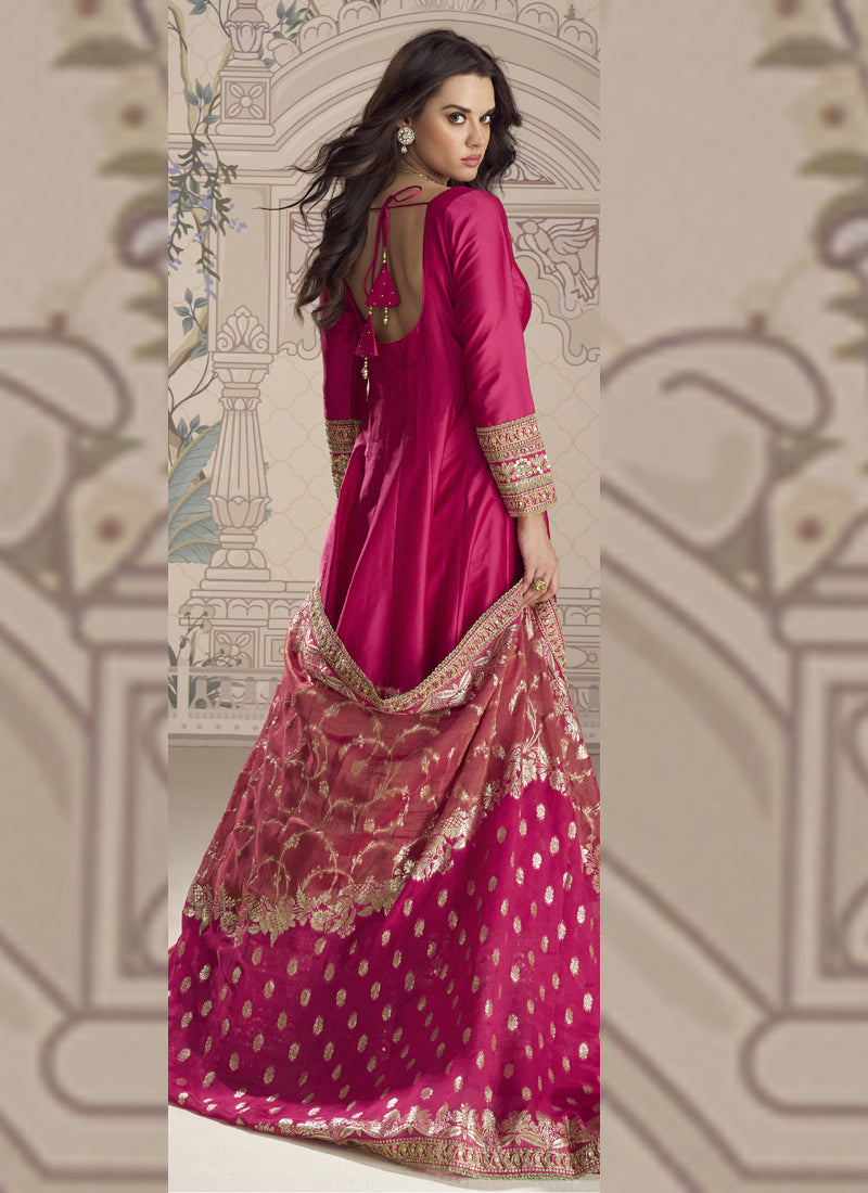 Rani Pink Viscose Jacquard Silk Embroidered Gown with Dupatta