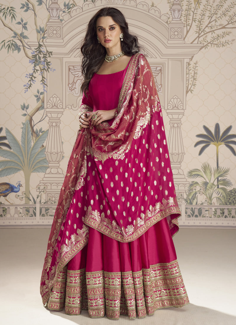 Rani Pink Viscose Jacquard Silk gown with intricate Gota Patti embroidery and matching dupatta