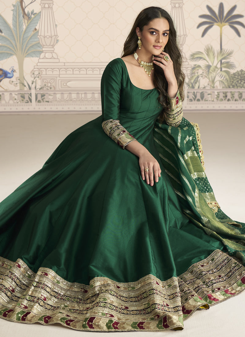 Green Viscose Jacquard Silk Embroidered Gown with Dupatta