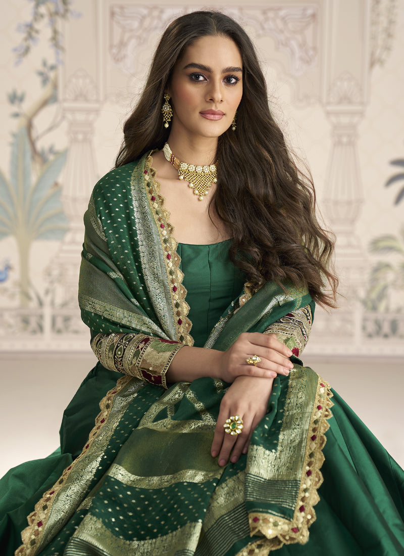 Green Viscose Jacquard Silk Embroidered Gown with Dupatta