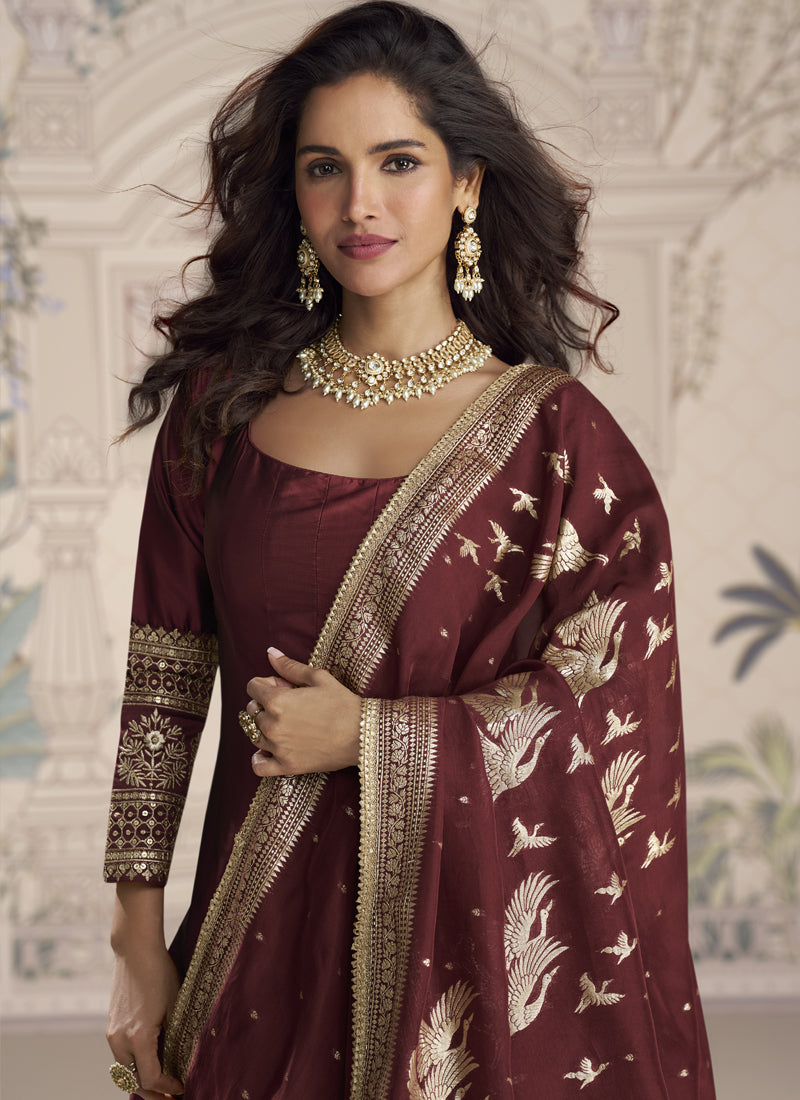 Maroon Viscose Jacquard Silk Embroidered Gown with Dupatta