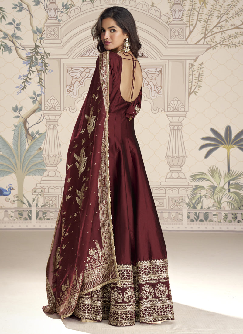 Maroon Viscose Jacquard Silk Embroidered Gown with Dupatta