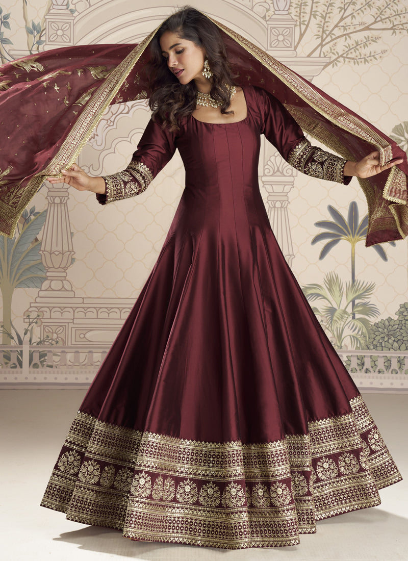 Maroon viscose jacquard silk embroidered floor-length gown with matching dupatta for wedding events
