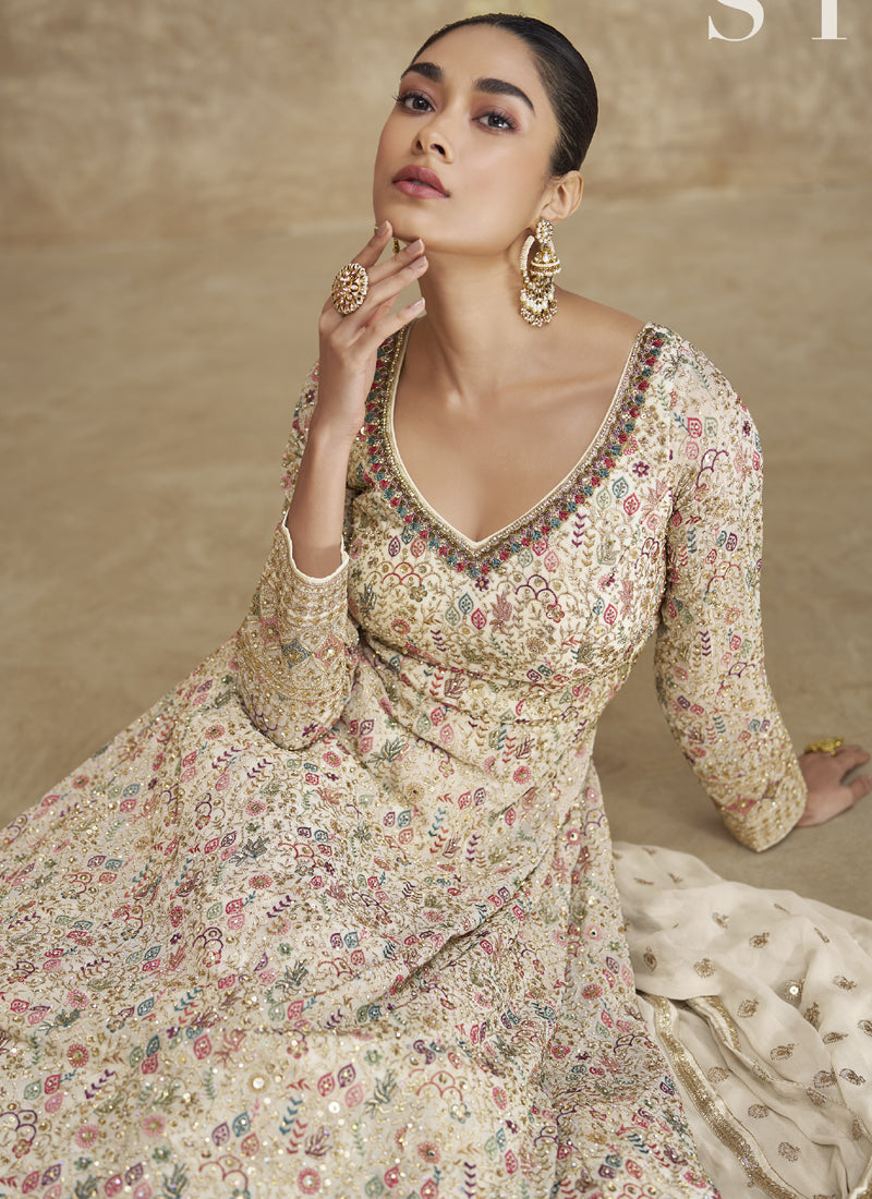 Off White Real Georgette Embroidered Anarkali Suit