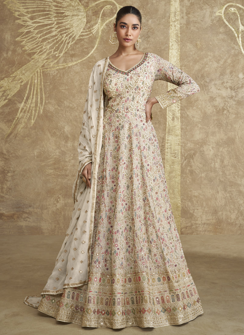 Off-white georgette Anarkali suit with heavy sequence and zari embroidery