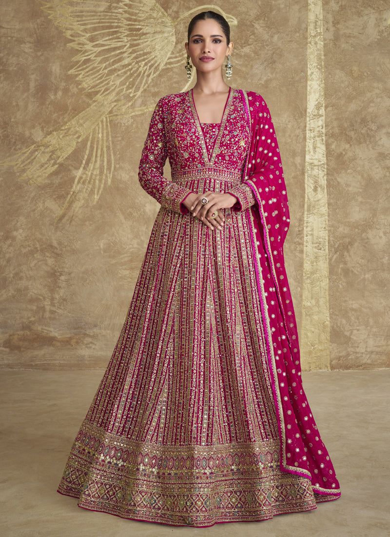 Vibrant pink real georgette Anarkali suit with heavy embroidery and sequence work