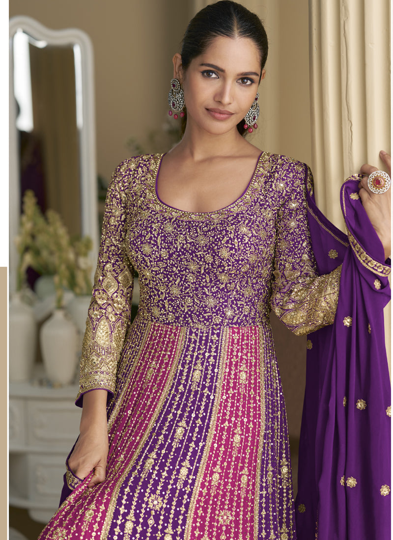 Violet Georgette Embroidered Zarkan Gown with Matching Dupatta