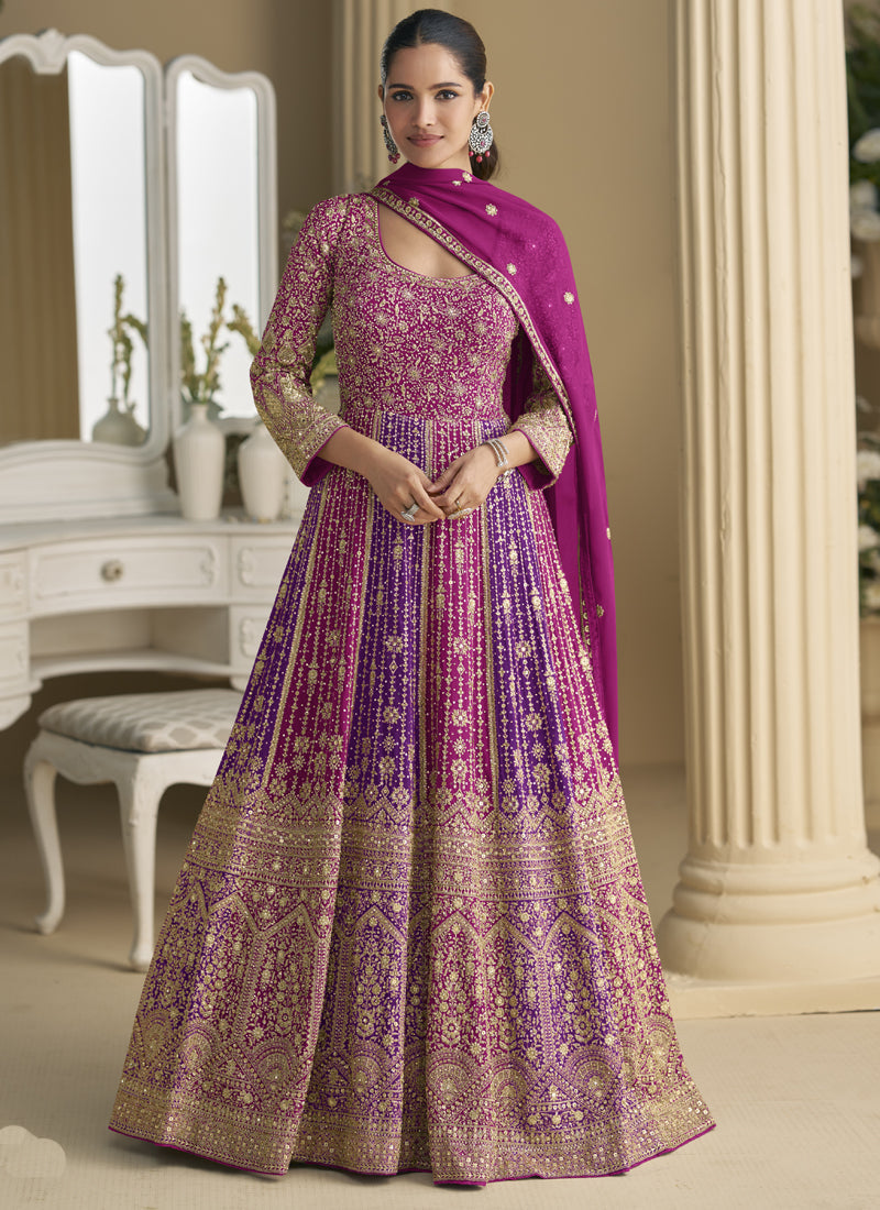 Purple georgette floor-length gown with heavy seroski and zarkan embroidery