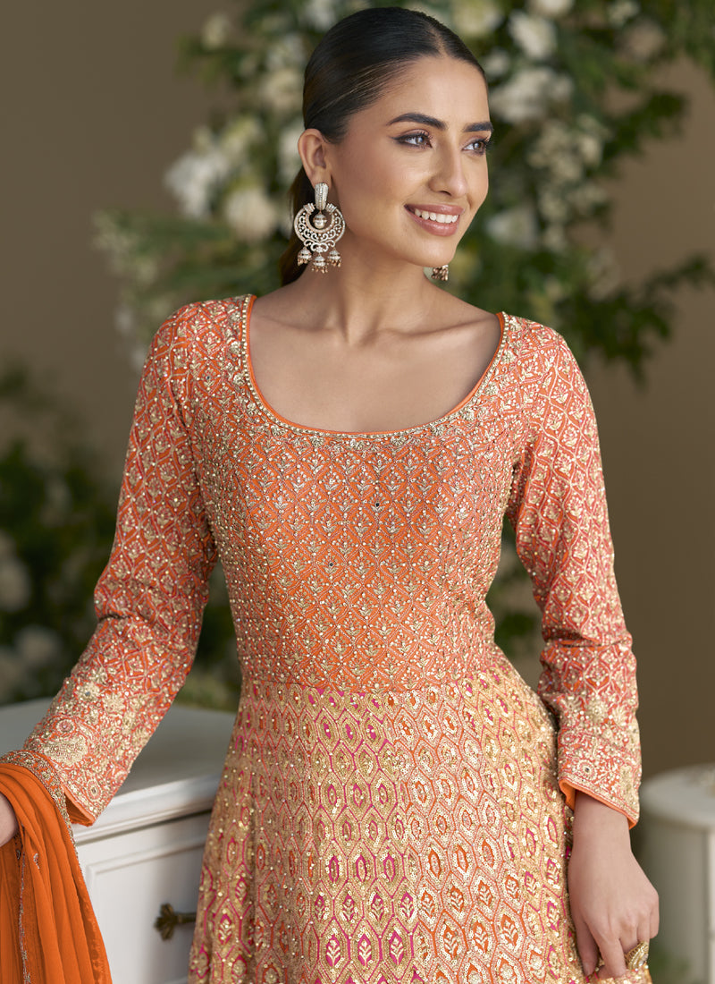 Orange Embroidered Seroski Zarkan Gown with Dupatta