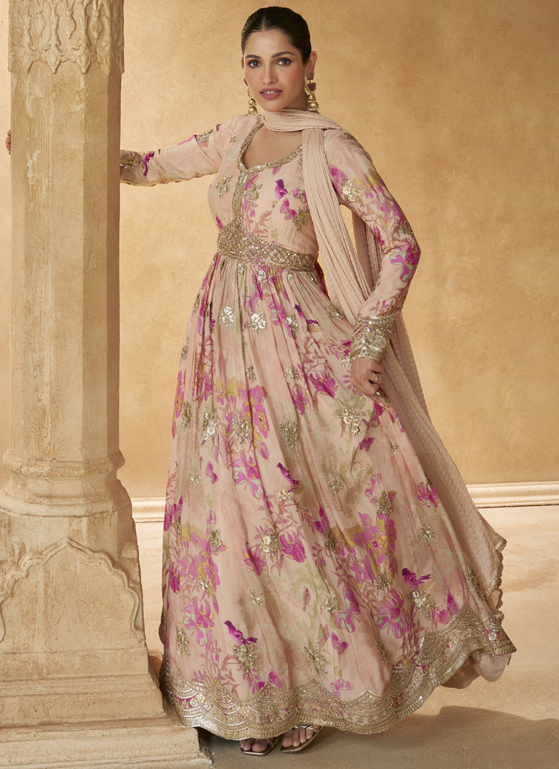 Cream Real Chinon Silk Embroidered Anarkali Suit