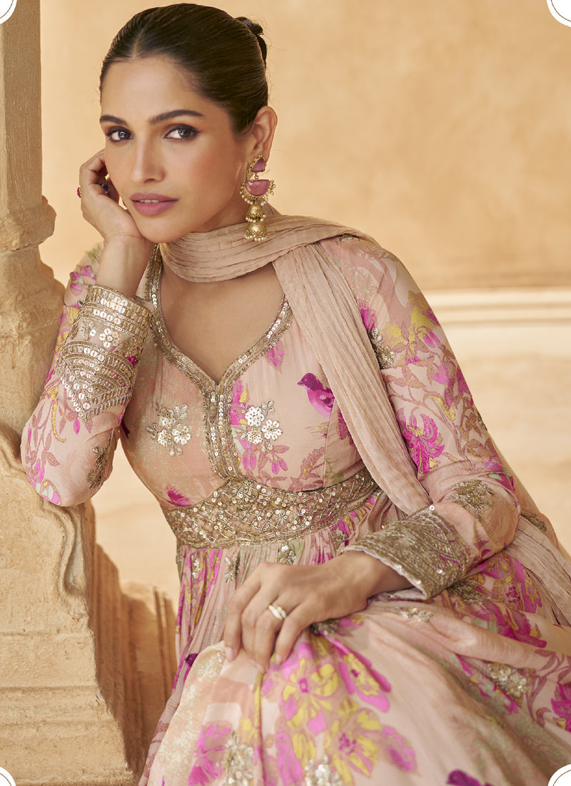 Cream Real Chinon Silk Embroidered Anarkali Suit