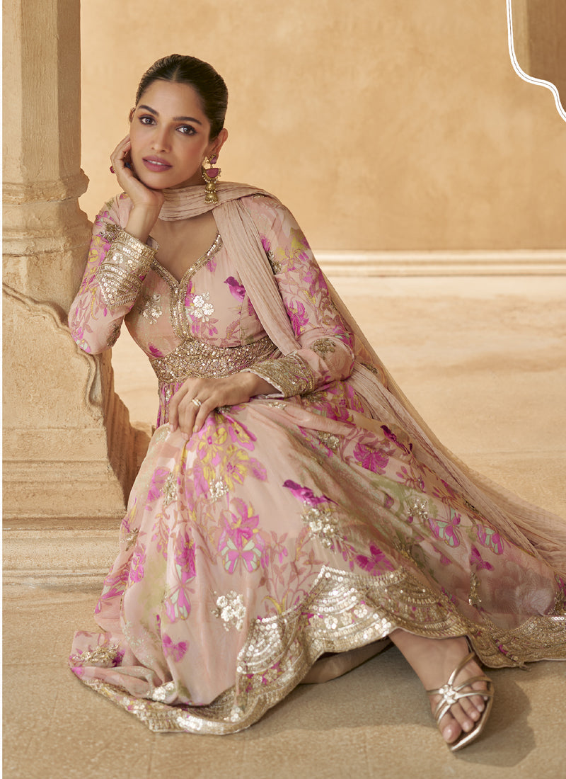 Cream Real Chinon Silk Embroidered Anarkali Suit