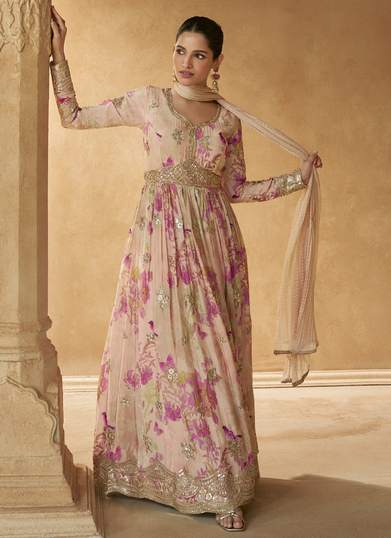 Cream colored Chinon silk Anarkali suit with intricate Gota Patti and zari embroidery