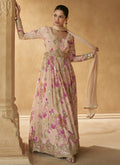 Cream colored Chinon silk Anarkali suit with intricate Gota Patti and zari embroidery