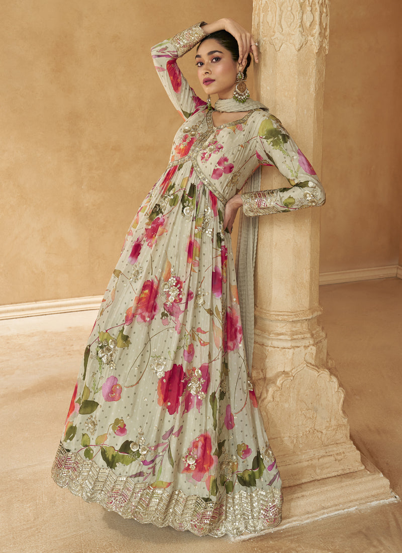 Off White Real Chinon Silk Embroidered Anarkali Suit