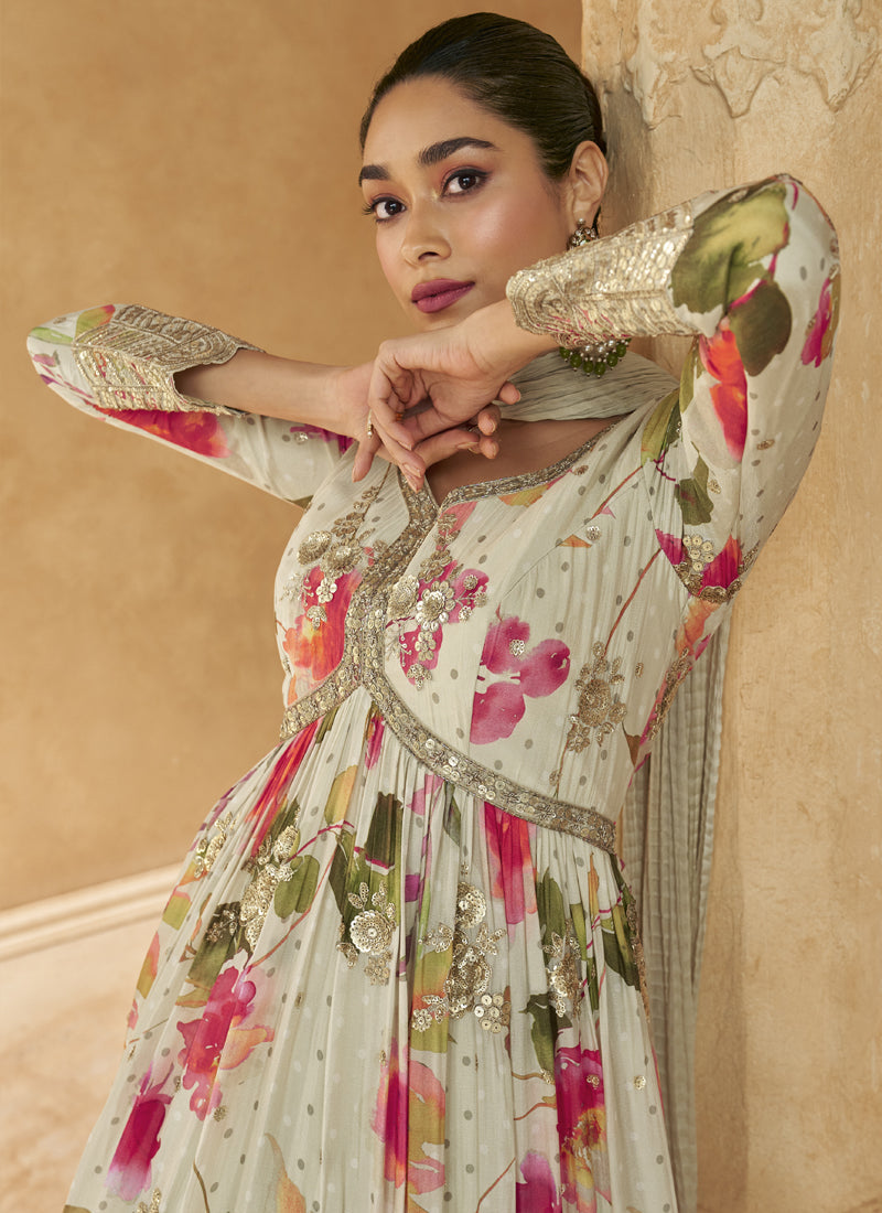 Off White Real Chinon Silk Embroidered Anarkali Suit