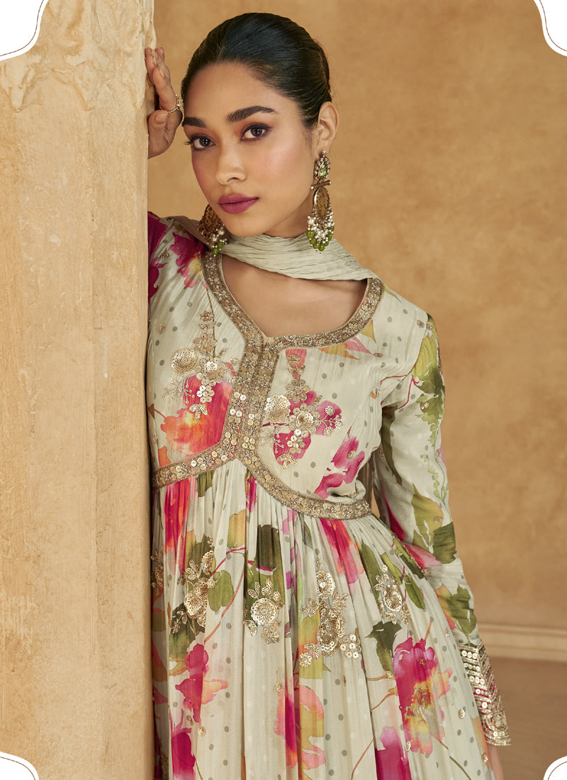 Off White Real Chinon Silk Embroidered Anarkali Suit