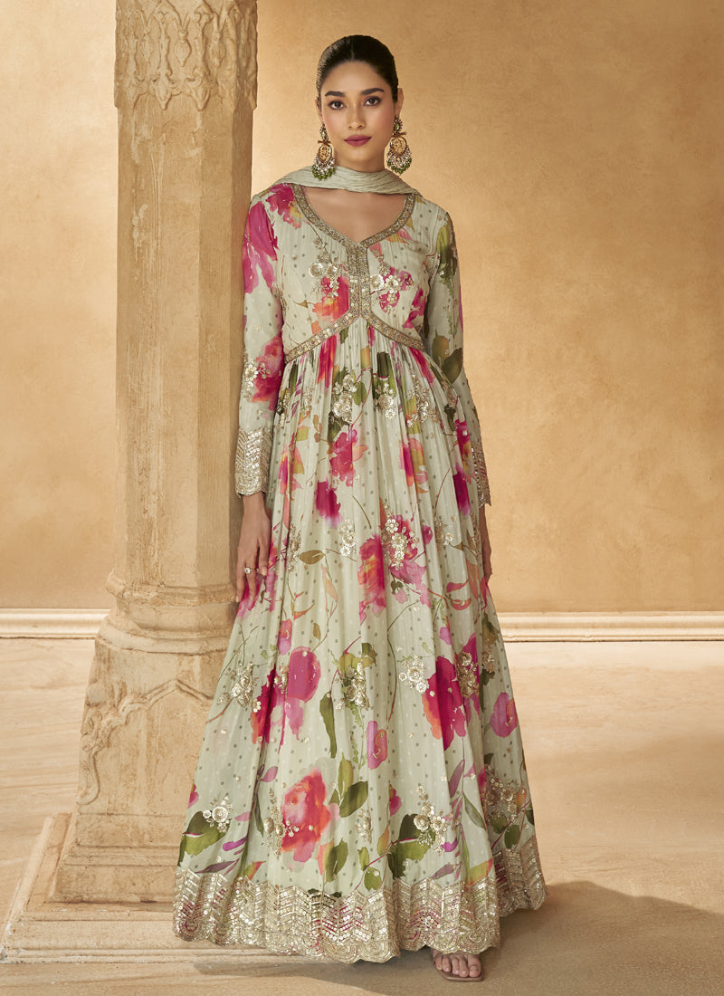 Off white real Chinon silk Anarkali suit with ornate embroidery for wedding fashion