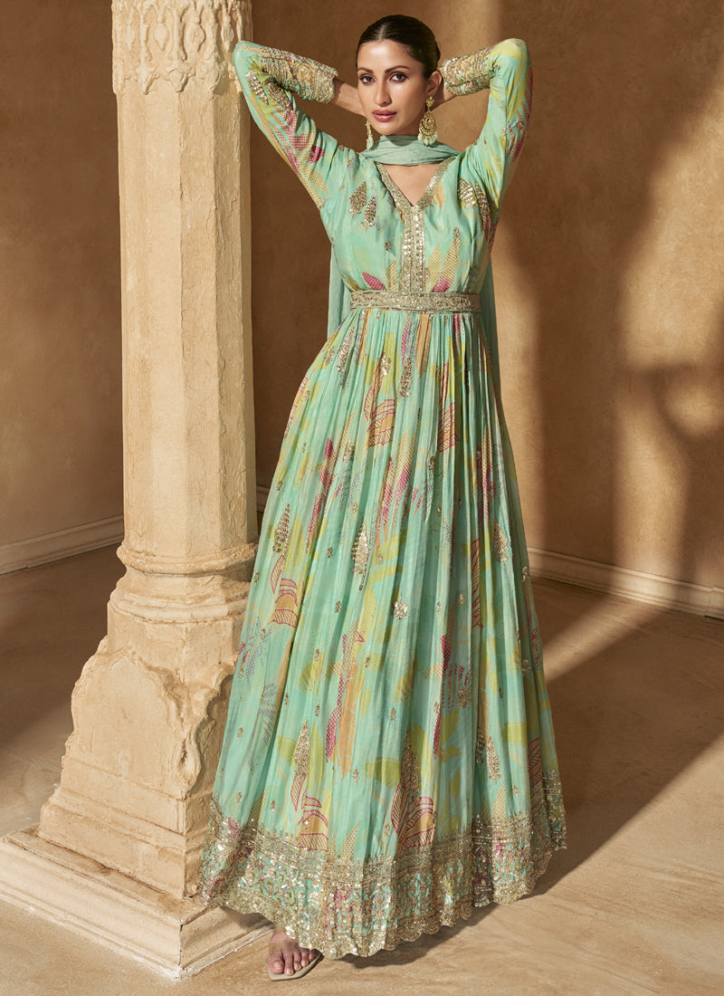 Bottel Green Real Chinon Silk Embroidered Anarkali Suit