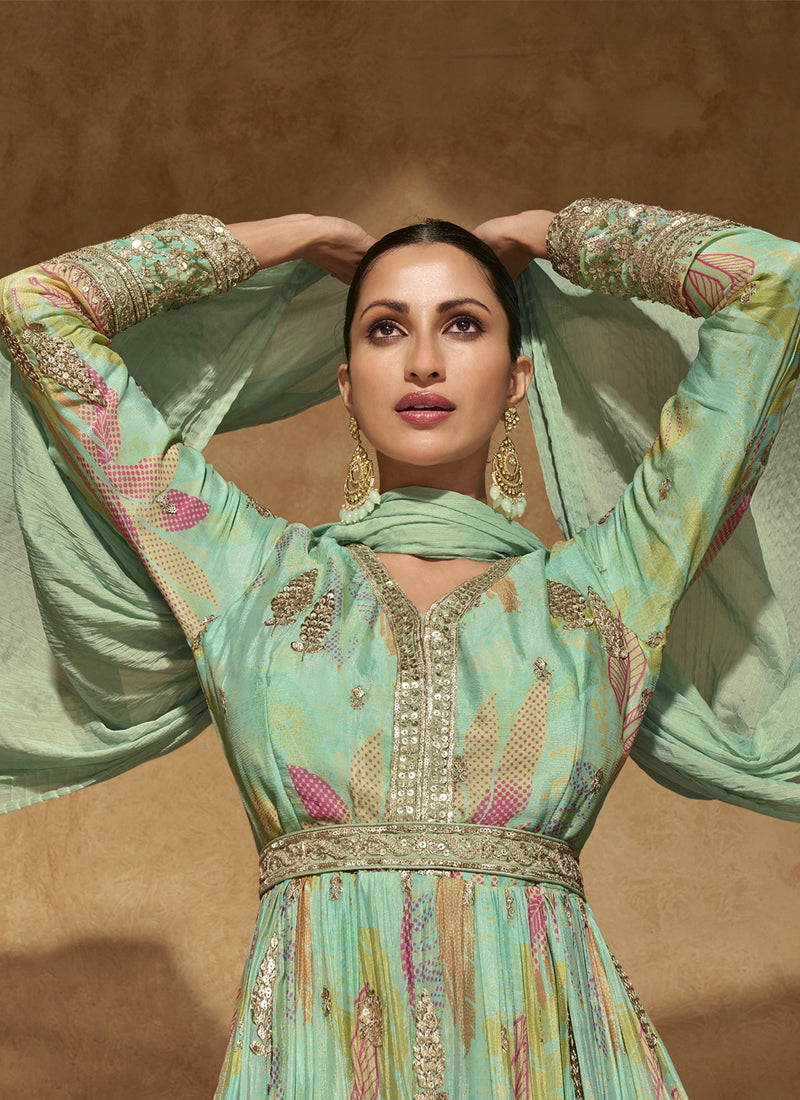 Bottel Green Real Chinon Silk Embroidered Anarkali Suit