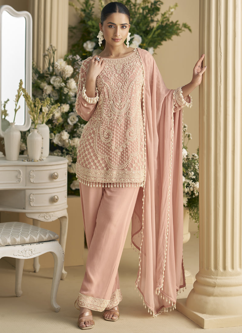 Light Peach Georgette and Net Embroidered Salwar Suit