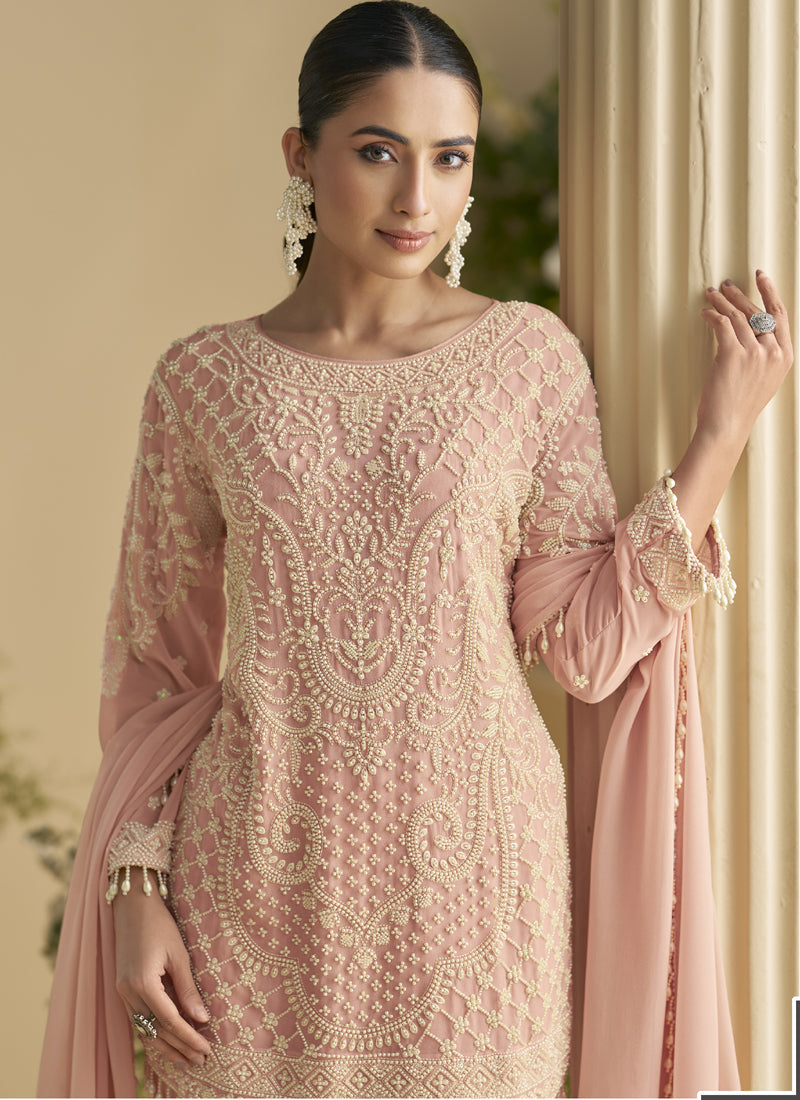 Light Peach Georgette and Net Embroidered Salwar Suit