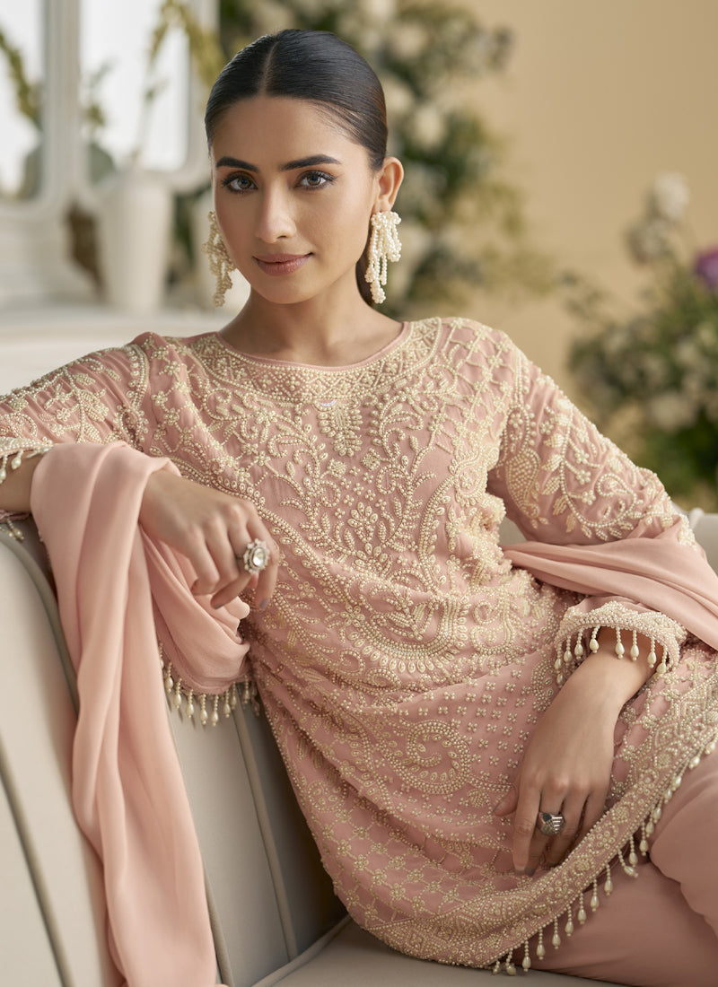 Light Peach Georgette and Net Embroidered Salwar Suit