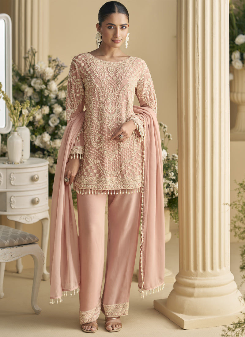 Light Peach Georgette and Net Salwar Suit with intricate beadwork