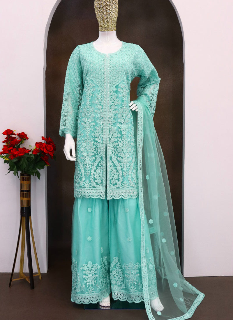 Vegaa Fashion Turquoise Net Embroidered Sequin Designer Palazzo Suit