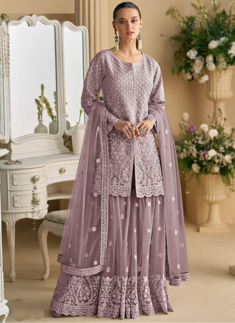 Vegaa Fashion Onion Pink Net Embroidered Sequin Designer Palazzo Suit