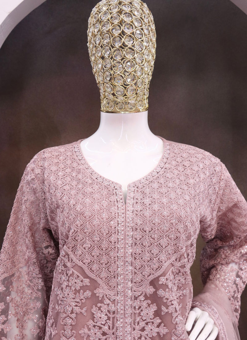 Vegaa Fashion Onion Pink Net Embroidered Sequin Designer Palazzo Suit