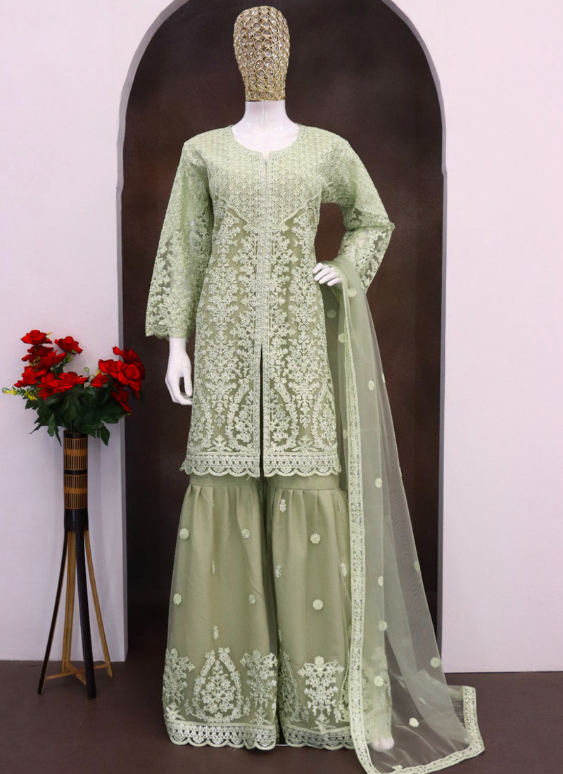 Vegaa Fashion Lime Green Net Embroidered Sequin Designer Palazzo Suit